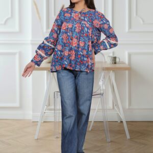 Women's Floral Printed Blue Top with Full Sleeves and Lace Detailing